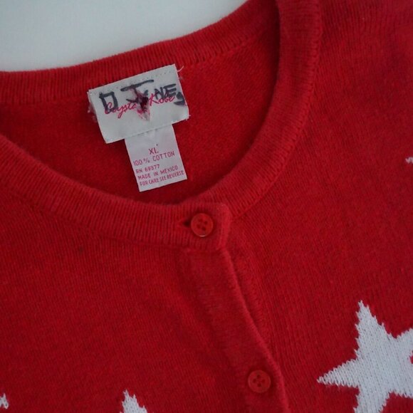 Vintage Crystal Kobe Red w White Stars Patriotic Flag Knit Button Up Cardigan Xl - Picture 11 of 11